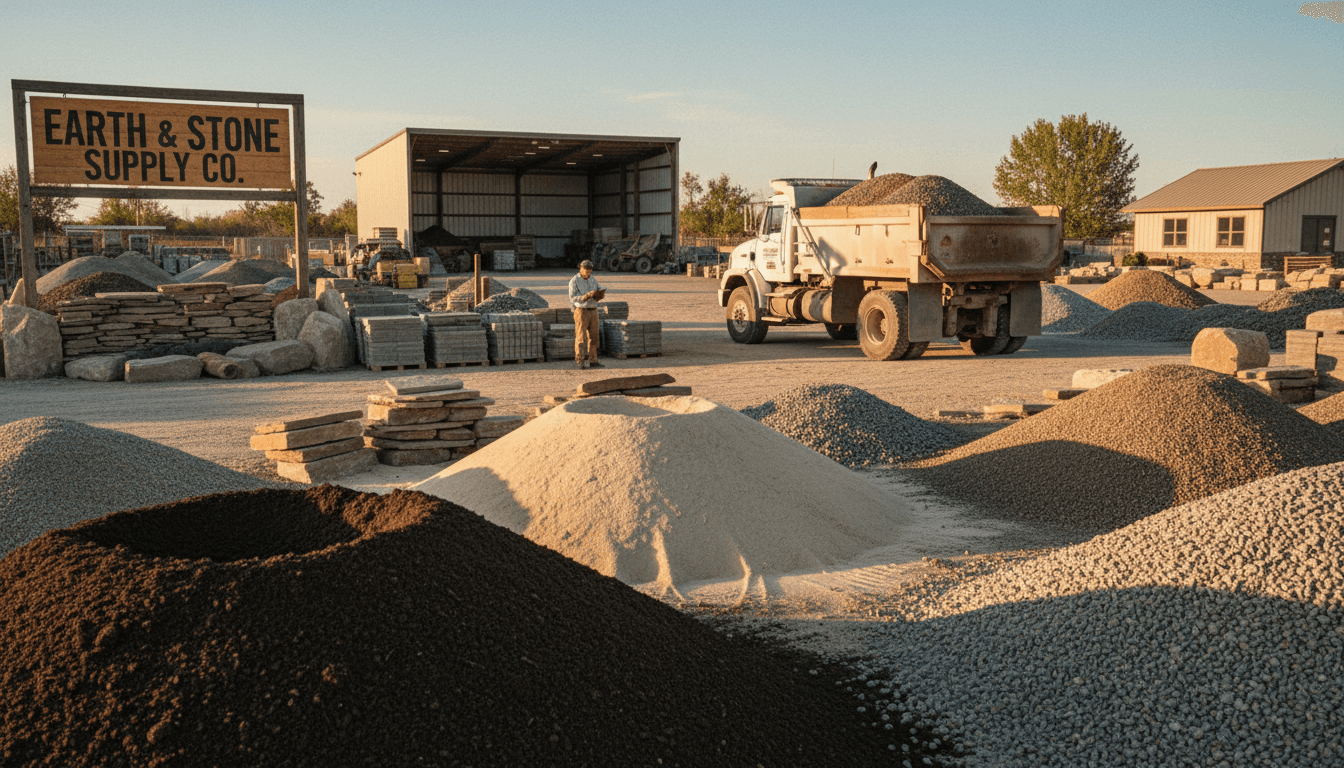 Cour d'entreposage Transport EDK avec piles organisées de terre, sable, gravier et pierres décoratives de qualité, camion de livraison chargé en arrière-plan