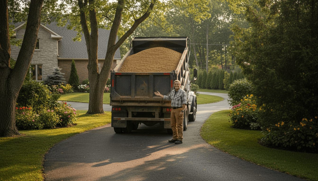 Camion de livraison Transport EDK chargé de gravier sur une entrée résidentielle à Sainte-Julie